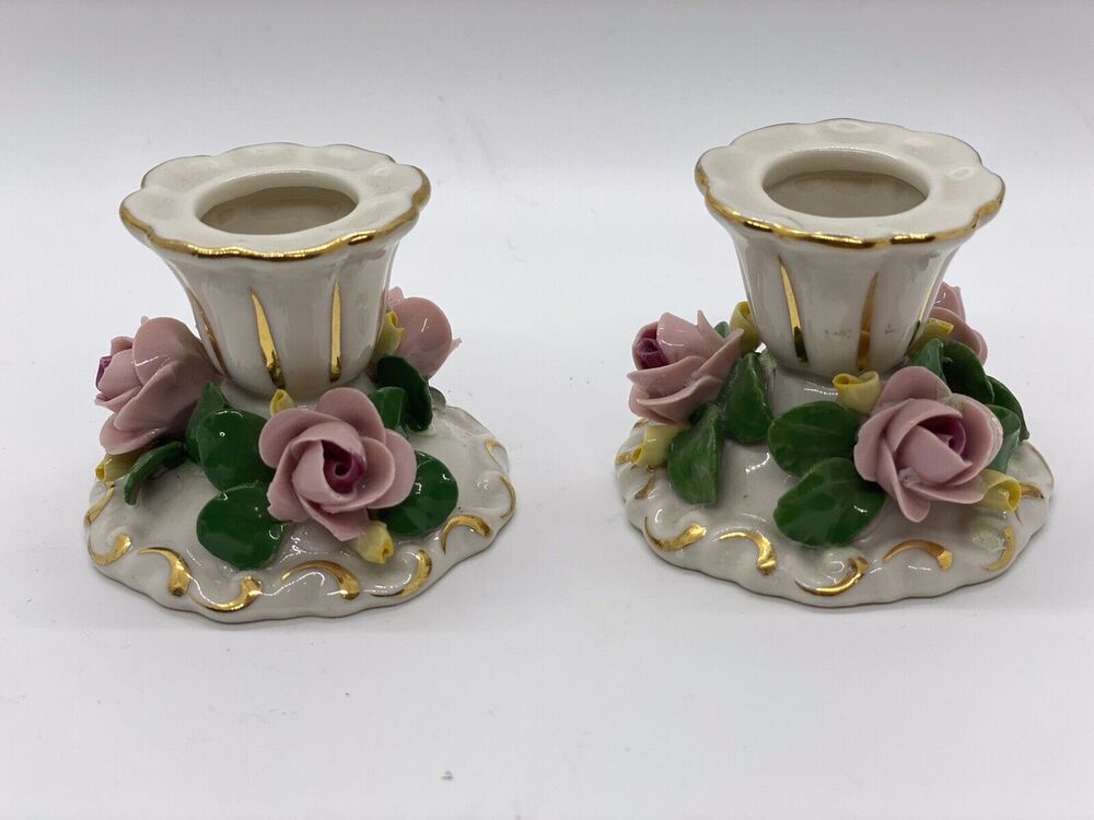 Vintage Dresden Candlestick Holders, Set of 2, Applied Pink Roses And Leaves, 2”